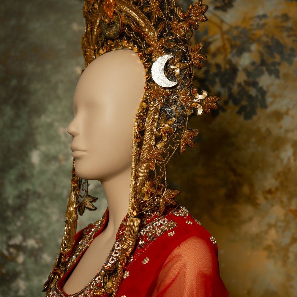 Hindi Indian south Asian wedding  fantasy red gold  dress encrusted with jewels - Picture 8 of 16